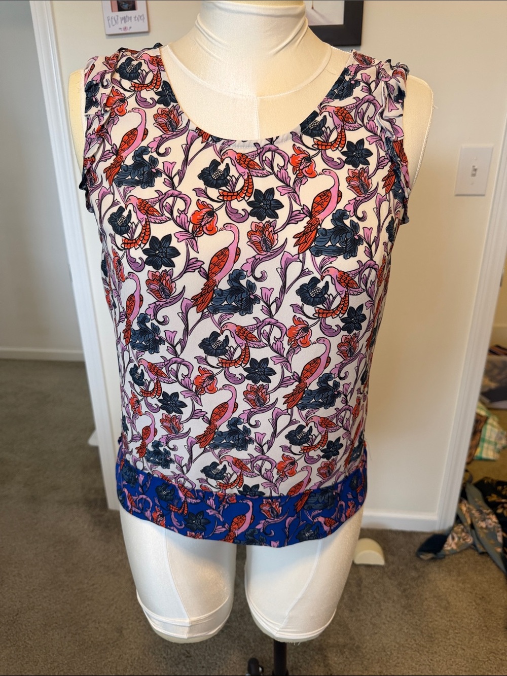 Sleeveless Floral & Bird Print Women's Top - Pink & Blue